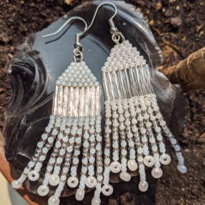 White and silver beaded chandelier earrings